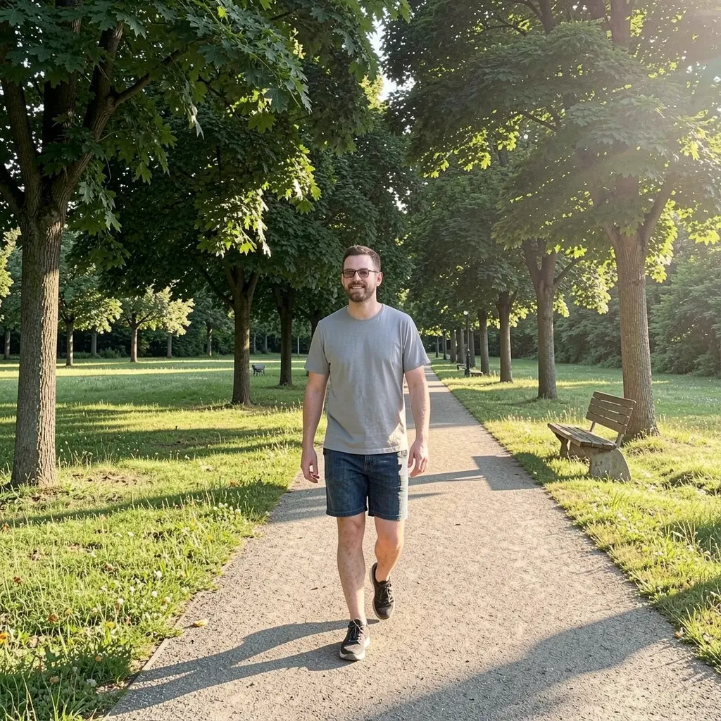 Person enjoying a calm outdoor walk during a sunny afternoon